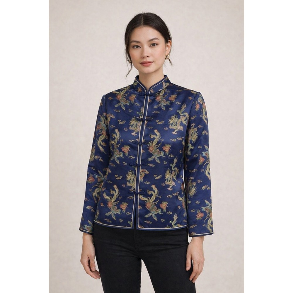 VTG Chinese Dragon Tang Suit‎ Jacket Women L Navy Blue Satin Brocade Frog Button